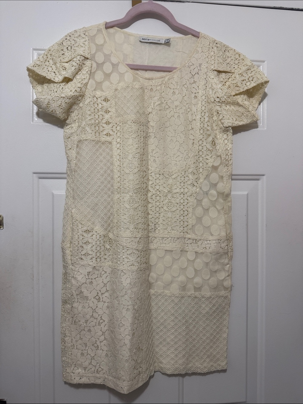 See By Chloe Cream Patchwork Lace Dress With Side Pockets